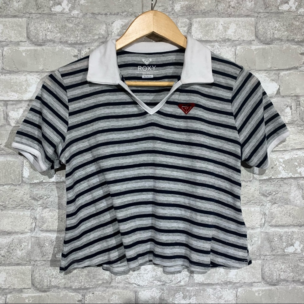 ROXY Y2K STYLE POLO CROP TOP. BLUE AND GRAY STRIPE. SHORT SLEEVE. SIZE MEDIUM. - Picture 1 of 7